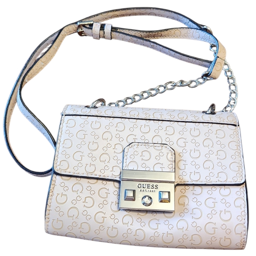 Guess Cream, Natural, Embossed Crossbody, Silver Accents, Chain, Magnetic